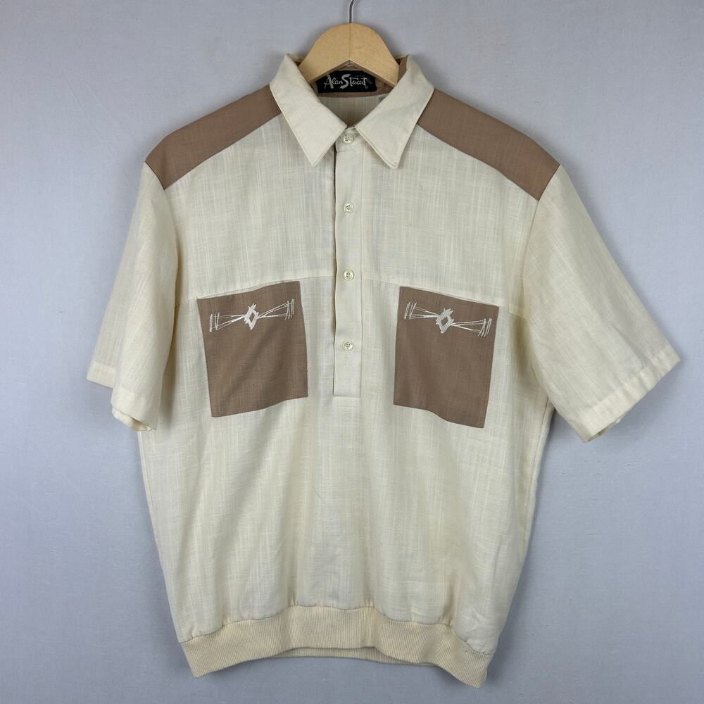 Alan Stuart Vintage Popover 70s Half Button Up Shirt Short Sleeve Men's Size M